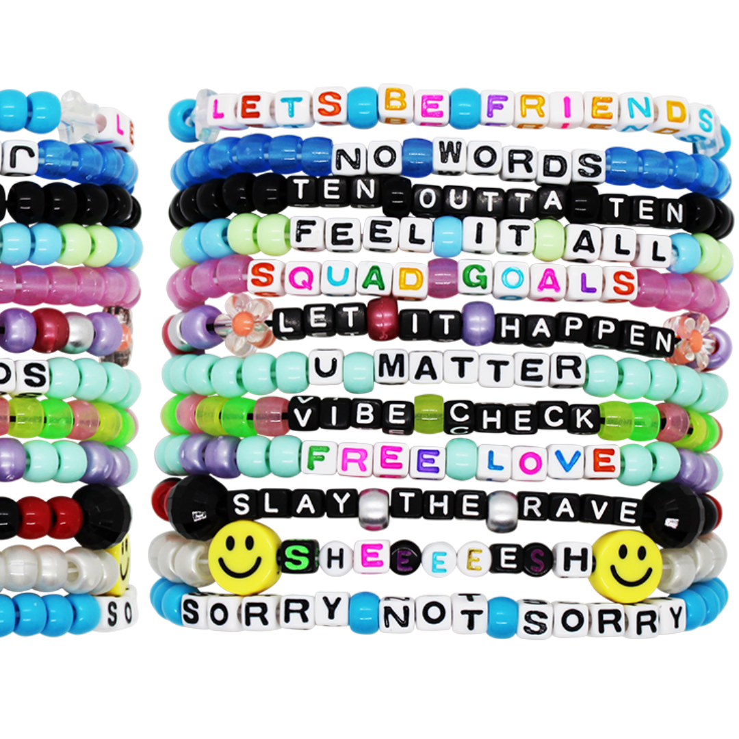 KANDI BAR Good Vibes Rave Bracelets (13-pack) | 2024 Edition | Wear and  Trade Handmade PLUR Music Festival Accessories | Different Phrases Every  Time